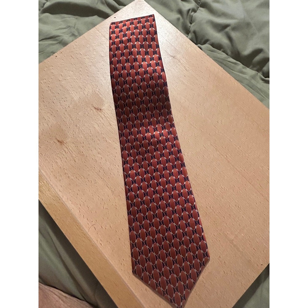 Palatina Mens Silk Blend Necktie Rust Orange Navy Blue Geometric Oval Pattern